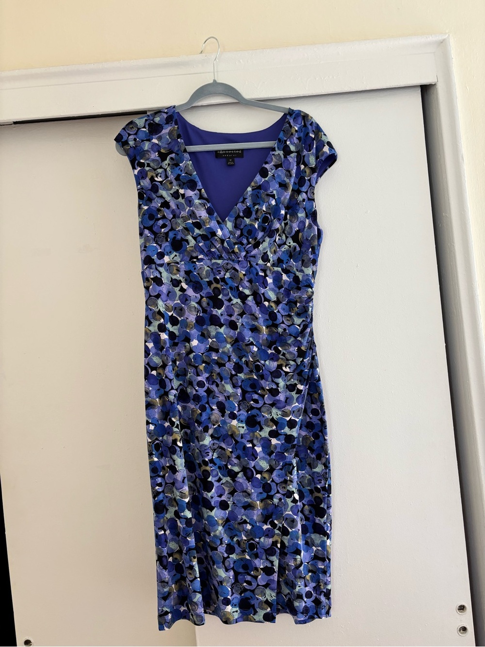 Connected Apparel. Purple and Blue Faux-Wrap Midi Dress
